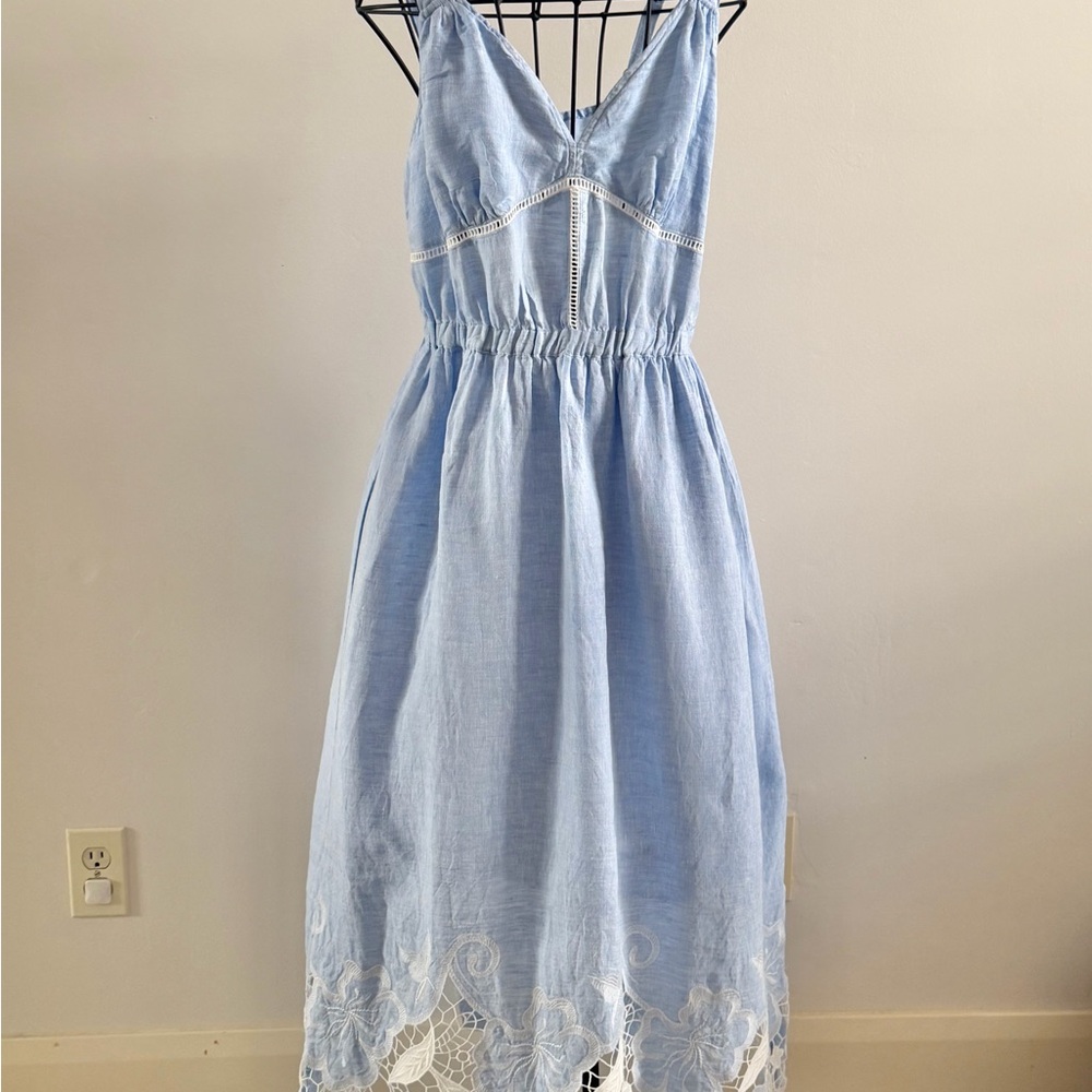 Magaschoni Light Blue Linen Sleeveless Midi Dress with Lace Hem